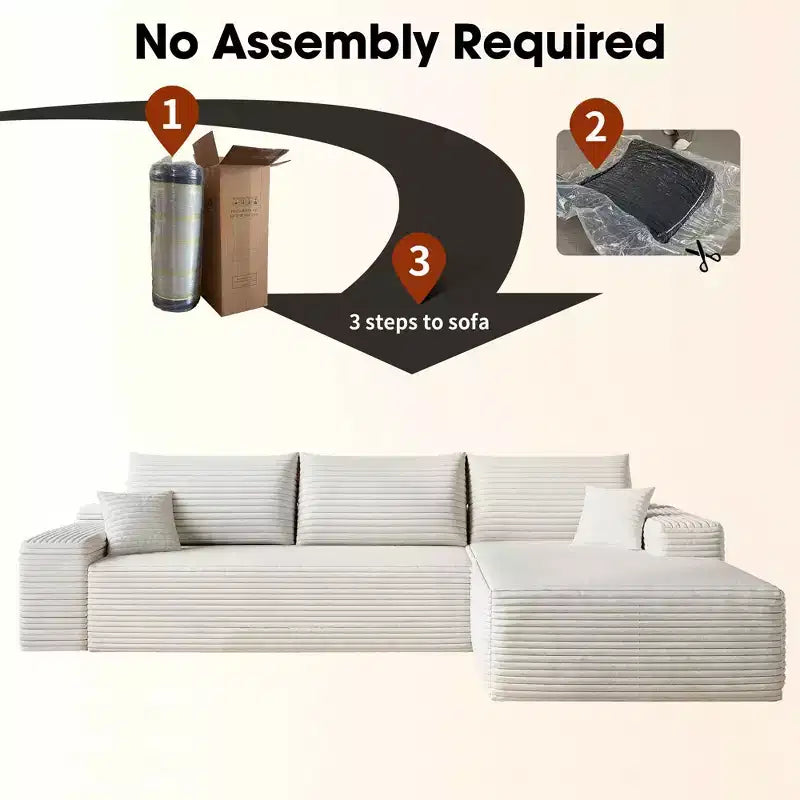 MAYEERTY 107 White L-Shape Cloud Sectional, Plush Corduroy Modular Sofa, No Assembly