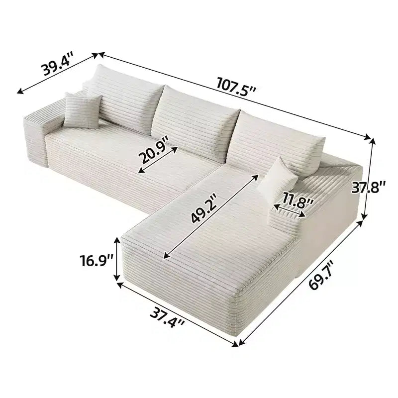 MAYEERTY 107 White L-Shape Cloud Sectional, Plush Corduroy Modular Sofa, No Assembly