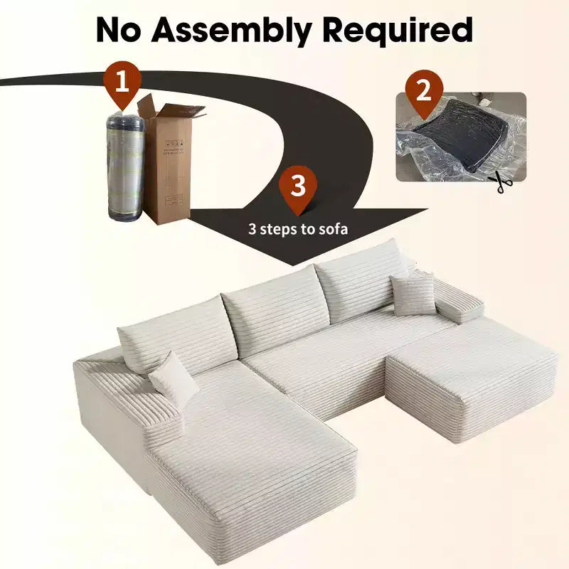 MAYEERTY 107 White L-Shape Cloud Sectional, Plush Corduroy Modular Sofa, No Assembly