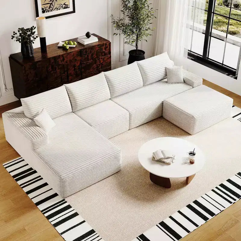 MAYEERTY 107 White L-Shape Cloud Sectional, Plush Corduroy Modular Sofa, No Assembly