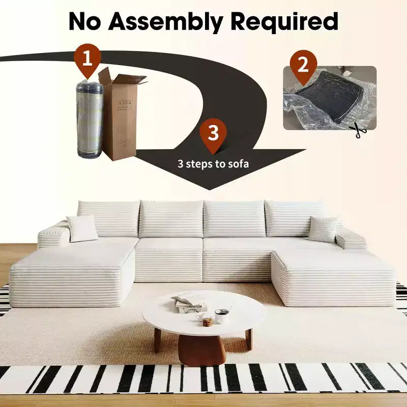 MAYEERTY 107 White L-Shape Cloud Sectional, Plush Corduroy Modular Sofa, No Assembly