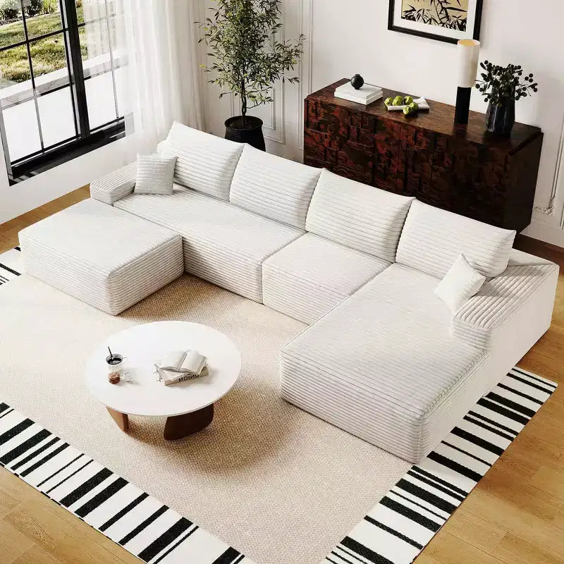 MAYEERTY 107 White L-Shape Cloud Sectional, Plush Corduroy Modular Sofa, No Assembly