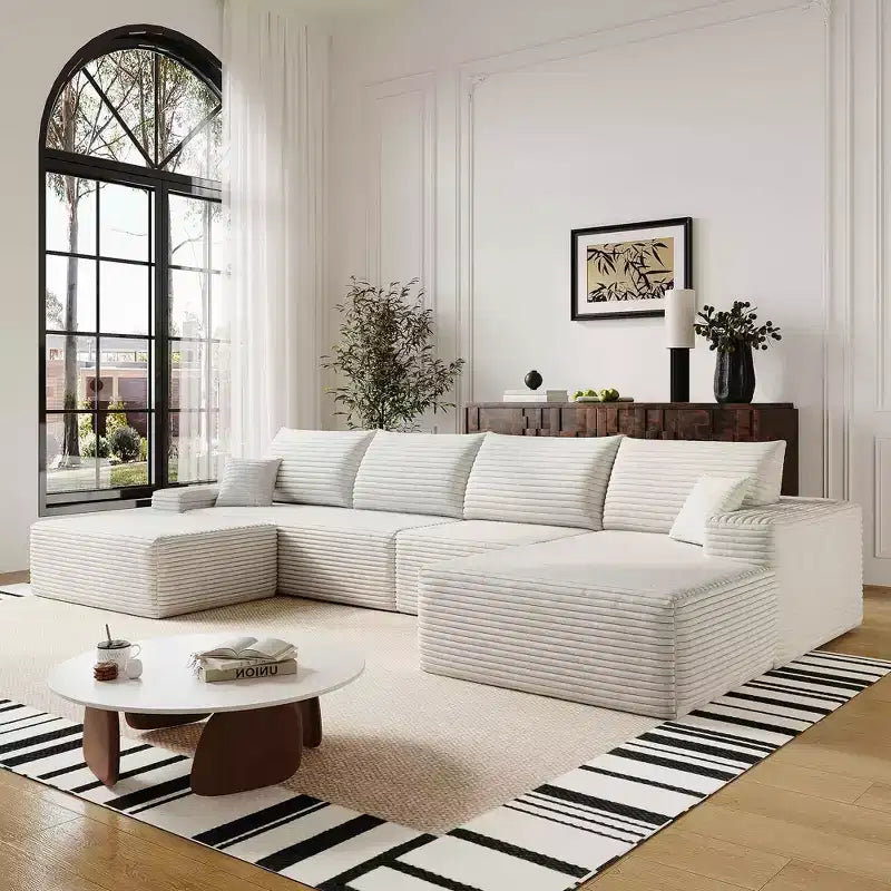 MAYEERTY 107 White L-Shape Cloud Sectional, Plush Corduroy Modular Sofa, No Assembly