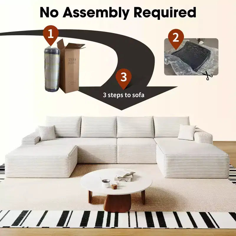 MAYEERTY 107 White L-Shape Cloud Sectional, Plush Corduroy Modular Sofa, No Assembly