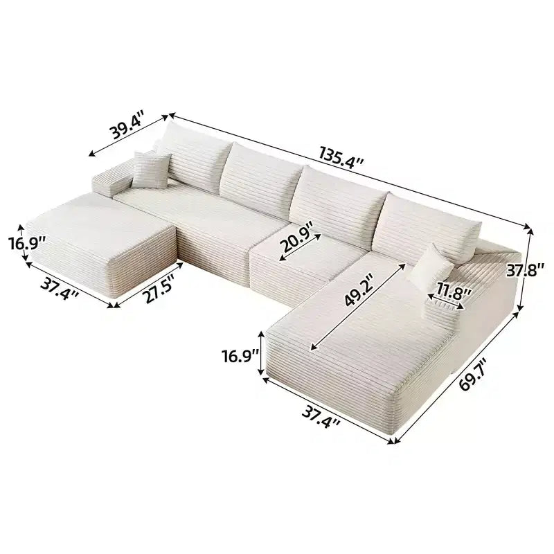 MAYEERTY 107 White L-Shape Cloud Sectional, Plush Corduroy Modular Sofa, No Assembly