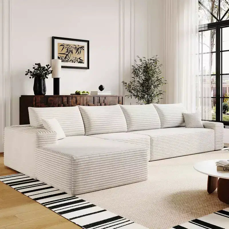 MAYEERTY 107 White L-Shape Cloud Sectional, Plush Corduroy Modular Sofa, No Assembly