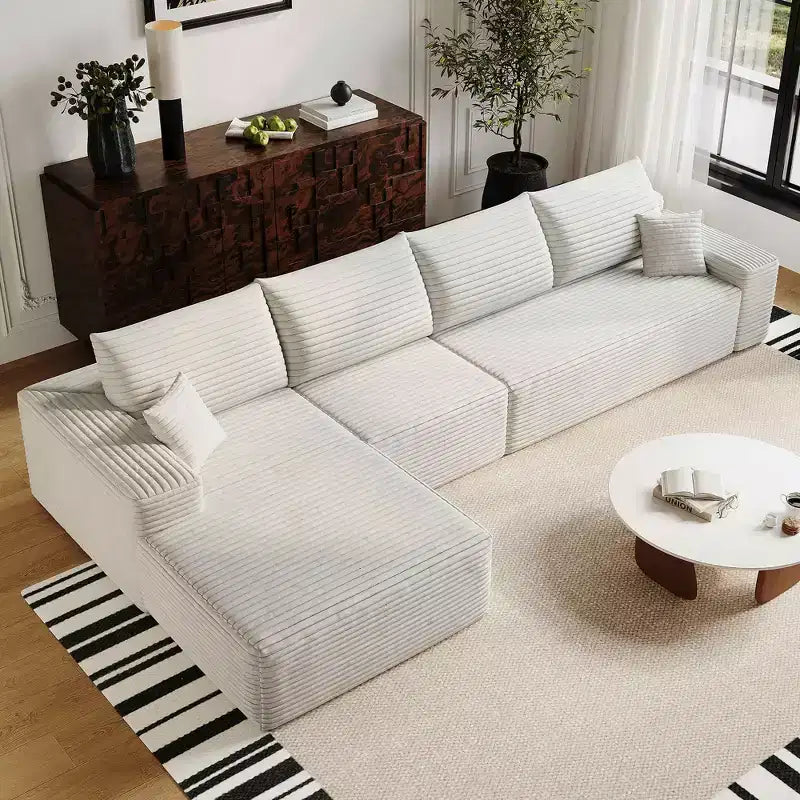 MAYEERTY 107 White L-Shape Cloud Sectional, Plush Corduroy Modular Sofa, No Assembly