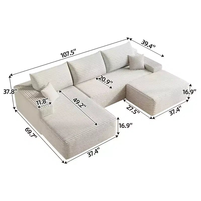 MAYEERTY 107 White L-Shape Cloud Sectional, Plush Corduroy Modular Sofa, No Assembly