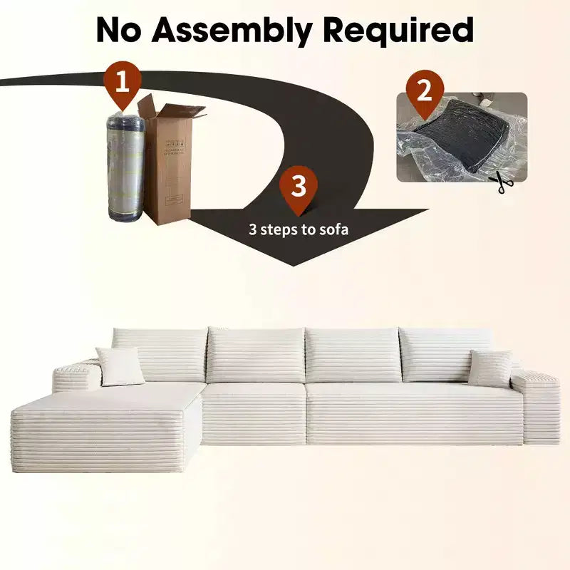 MAYEERTY 107 White L-Shape Cloud Sectional, Plush Corduroy Modular Sofa, No Assembly