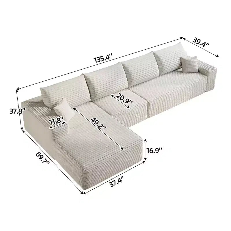 MAYEERTY 107 White L-Shape Cloud Sectional, Plush Corduroy Modular Sofa, No Assembly