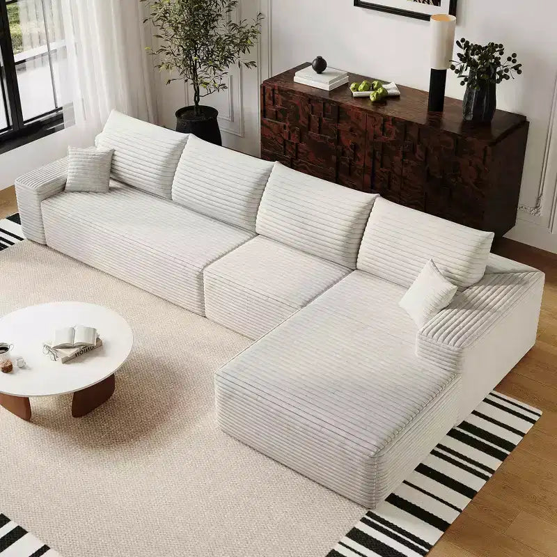 MAYEERTY 107 White L-Shape Cloud Sectional, Plush Corduroy Modular Sofa, No Assembly