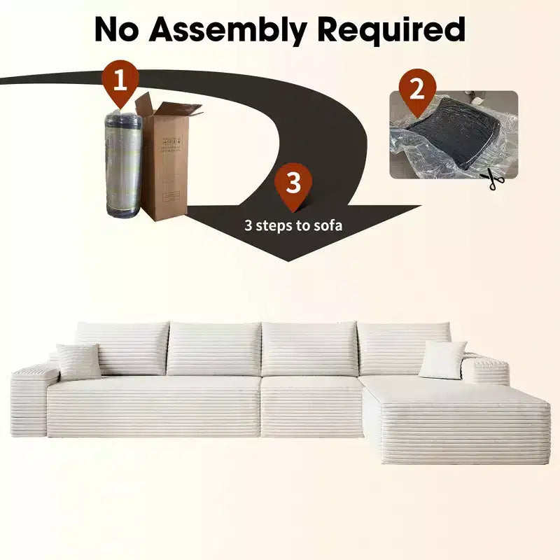 MAYEERTY 107 White L-Shape Cloud Sectional, Plush Corduroy Modular Sofa, No Assembly