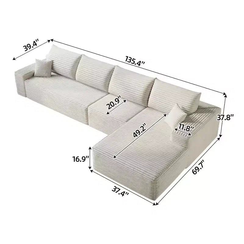 MAYEERTY 107 White L-Shape Cloud Sectional, Plush Corduroy Modular Sofa, No Assembly