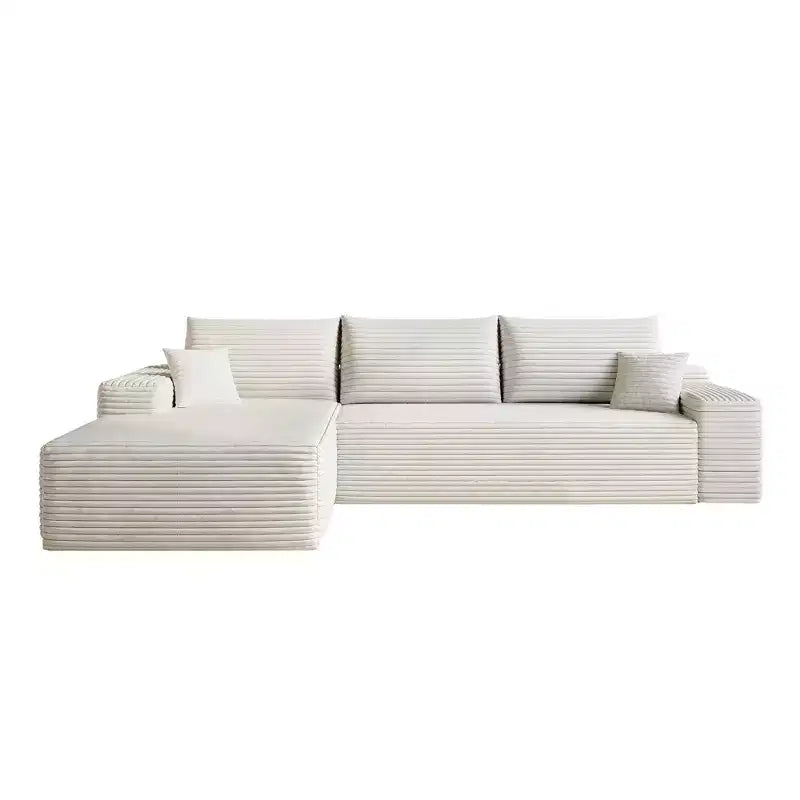 MAYEERTY 107 White L-Shape Cloud Sectional, Plush Corduroy Modular Sofa, No Assembly