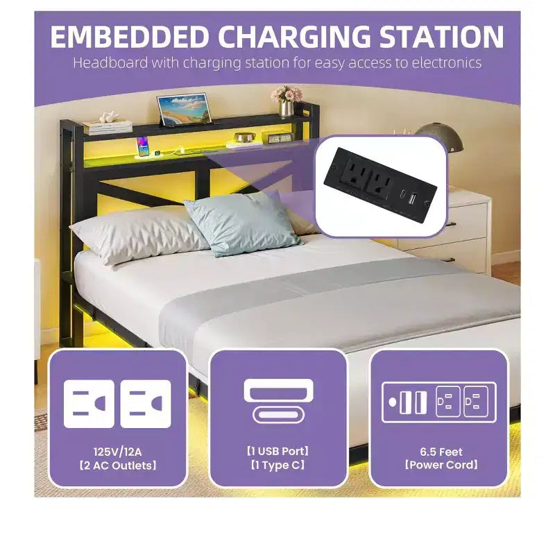 Telaio letto flottante in metallo con LED Twin Size e stazione di ricarica per camera da letto, telaio letto a piattaforma in metallo resistente