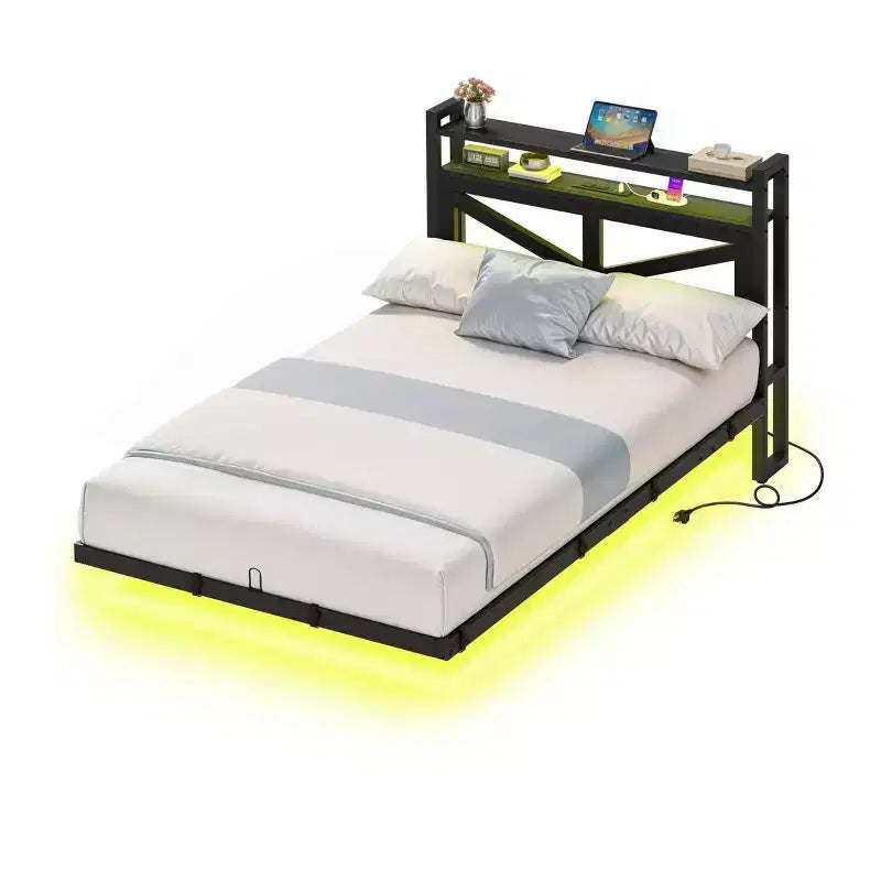 Telaio letto flottante in metallo con LED Twin Size e stazione di ricarica per camera da letto, telaio letto a piattaforma in metallo resistente