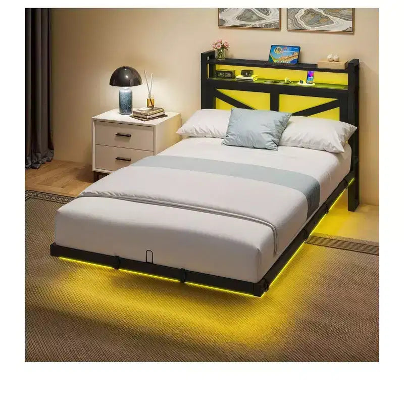 Telaio letto flottante in metallo con LED Twin Size e stazione di ricarica per camera da letto, telaio letto a piattaforma in metallo resistente