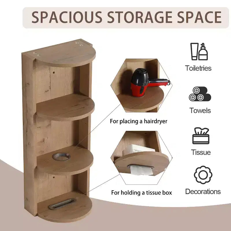 3-Tier Bathroom Corner Shelves, 12 Wall-Mounted Storage Rack with Hair Dryer Shelves,Side Cabinet Organizer,Wood Corner Shelf for Small Spaces Decor