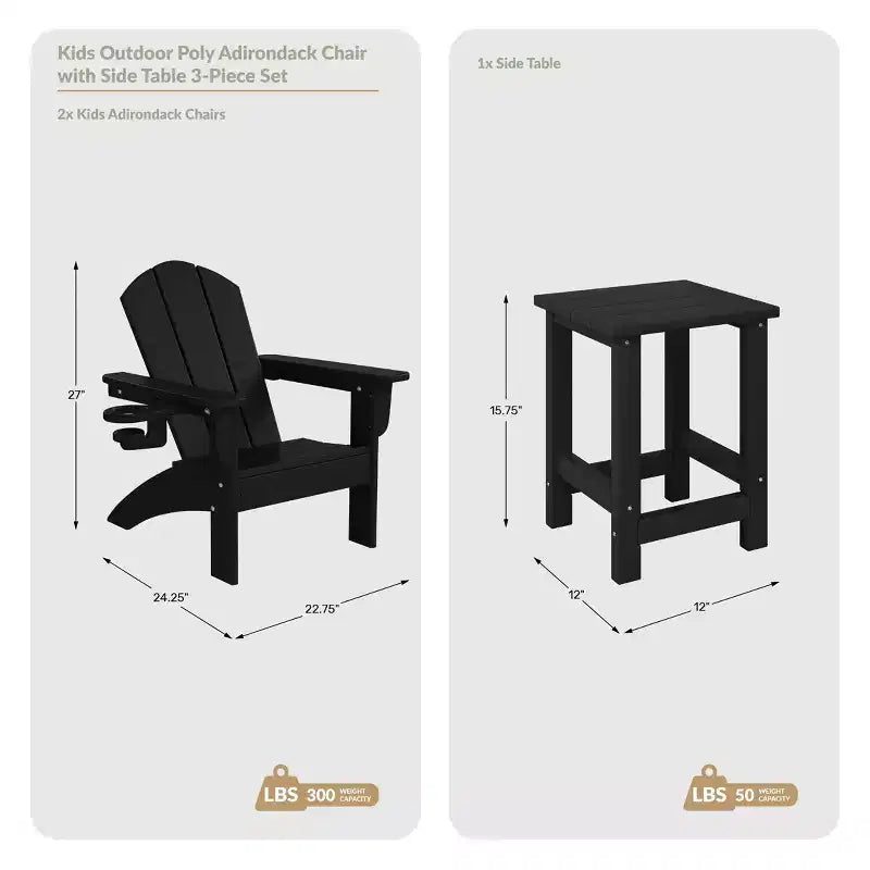 WestinTrends Malibu Set di 3 Sedie Adirondack per Bambini in HDPE con Tavolino Laterale Quadrato e Portabicchieri