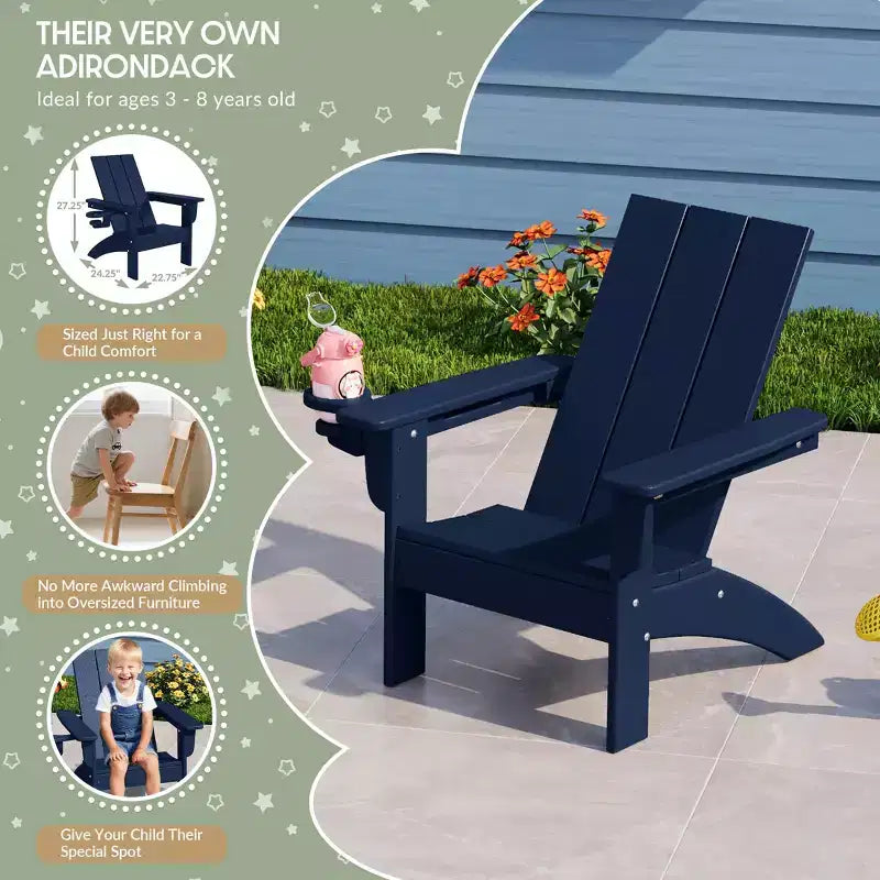 Set di sedie Adirondack moderne WestinTrends Ashore a 3 pezzi per bambini in HDPE con tavolino quadrato e portabicchieri