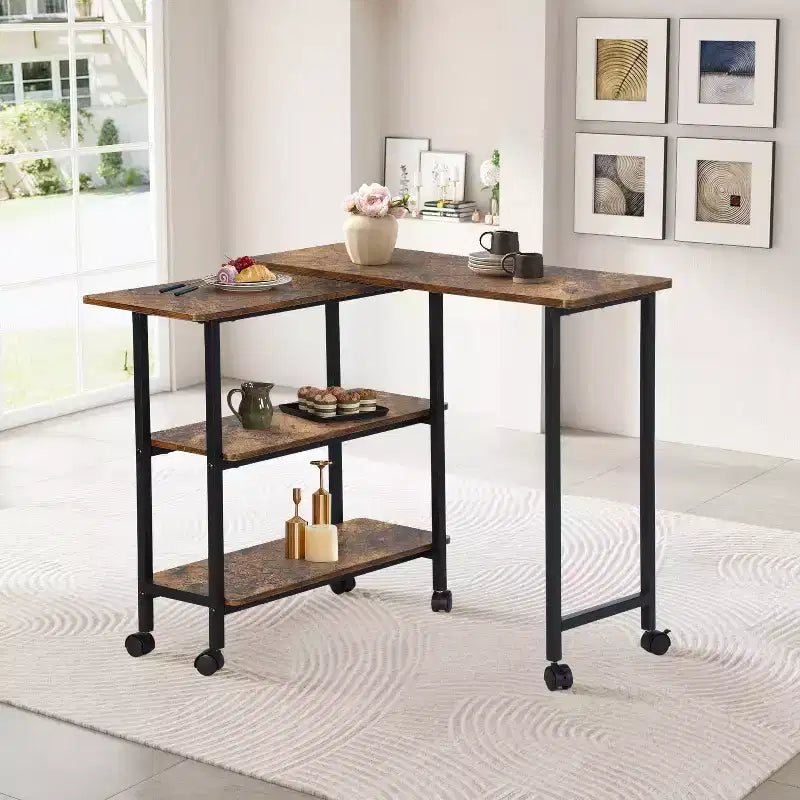 FurnitureR Rotating Kitchen Cart with Lockable Wheels, 3-Tier Storage Shelves, 360 Adjustable End Table for Living Room Office Small Space