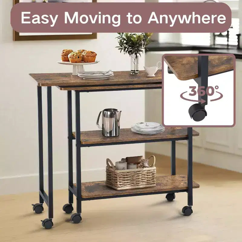 FurnitureR Rotating Kitchen Cart with Lockable Wheels, 3-Tier Storage Shelves, 360 Adjustable End Table for Living Room Office Small Space