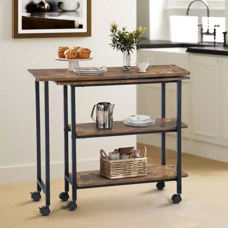 FurnitureR Rotating Kitchen Cart with Lockable Wheels, 3-Tier Storage Shelves, 360 Adjustable End Table for Living Room Office Small Space