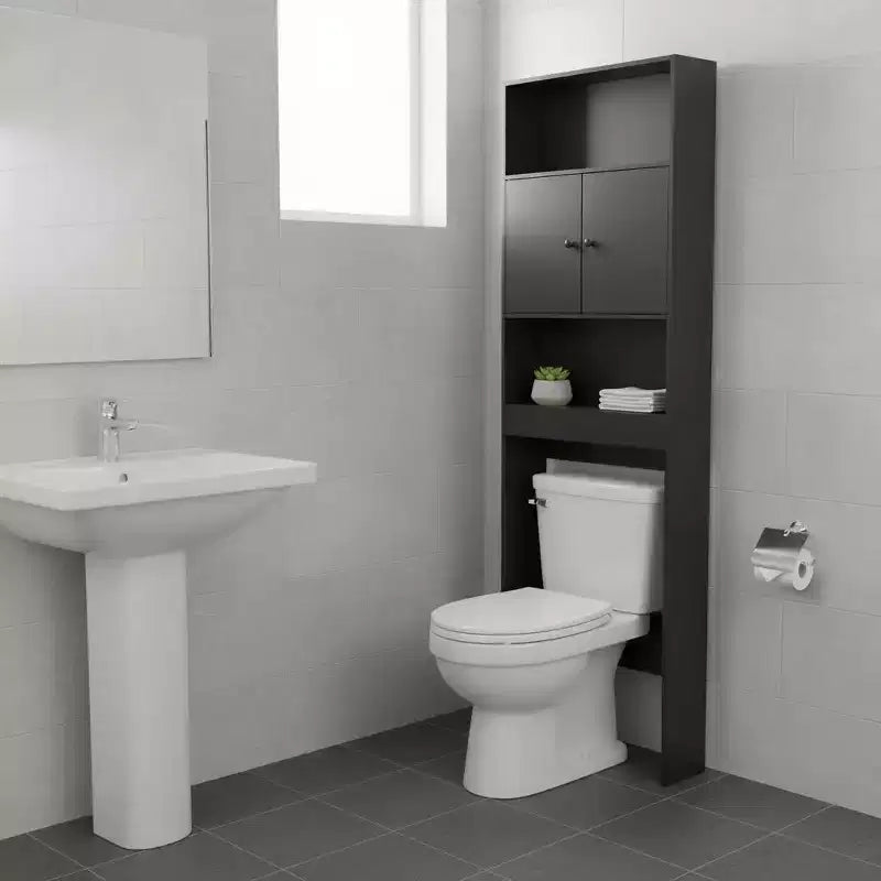 Mobiletto da bagno salvaspazio da appoggio sopra il WC FurnitureR, mensola organizer a 3 livelli con doppie ante e vani a giorno, altezza 194 cm