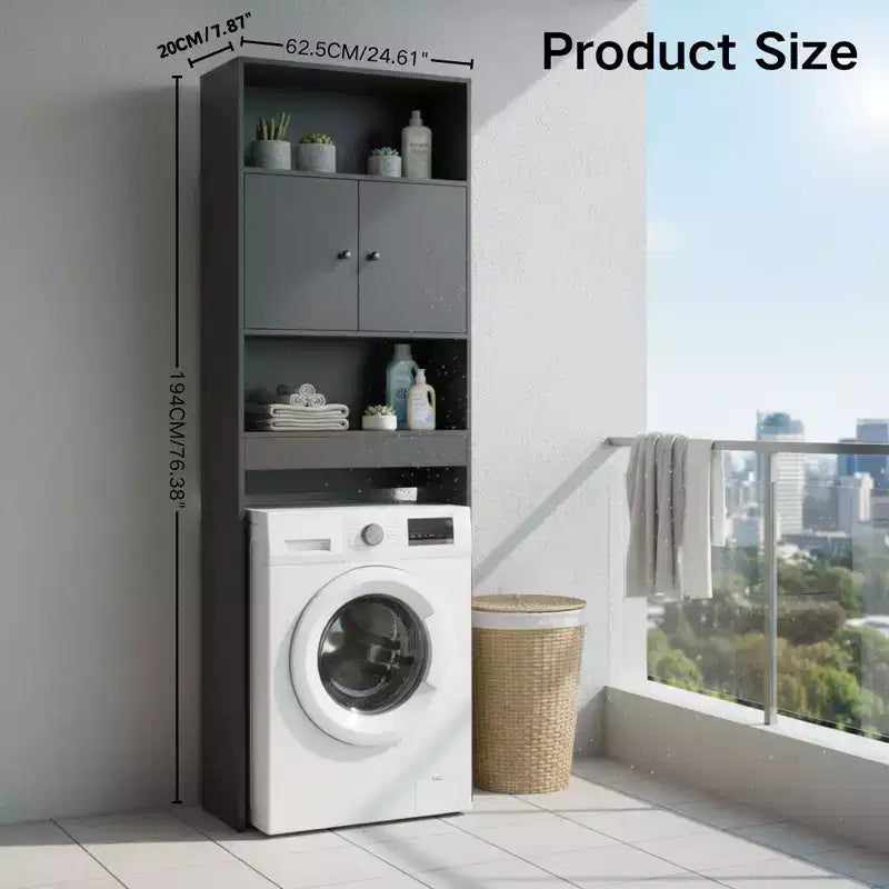 Mobiletto da bagno salvaspazio da appoggio sopra il WC FurnitureR, mensola organizer a 3 livelli con doppie ante e vani a giorno, altezza 194 cm