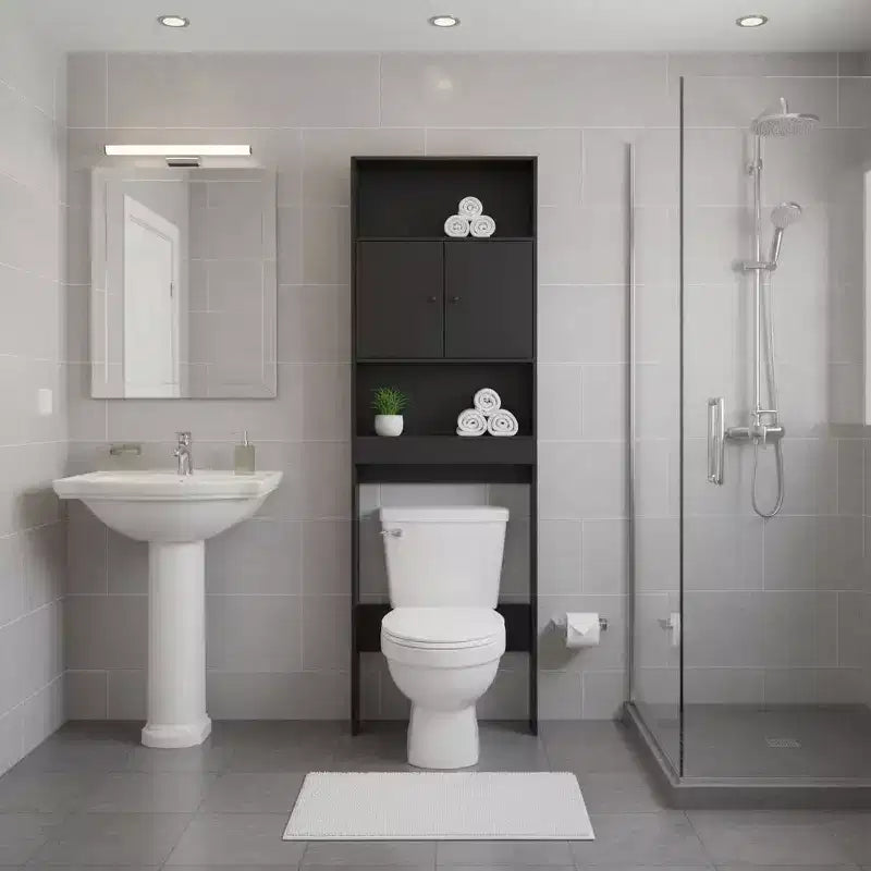 Mobiletto da bagno salvaspazio da appoggio sopra il WC FurnitureR, mensola organizer a 3 livelli con doppie ante e vani a giorno, altezza 194 cm