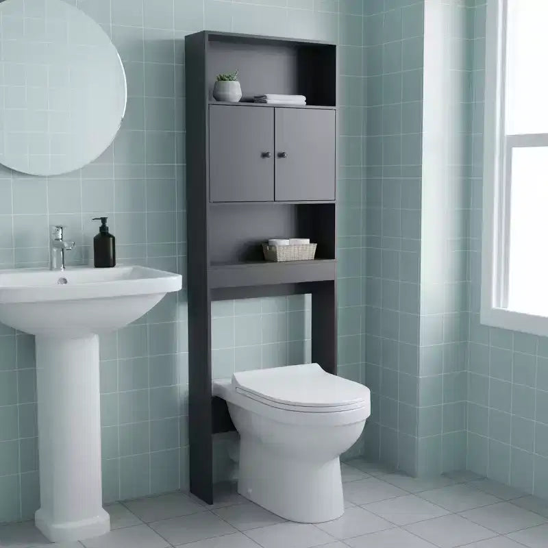 Mobiletto da bagno salvaspazio da appoggio sopra il WC FurnitureR, mensola organizer a 3 livelli con doppie ante e vani a giorno, altezza 194 cm