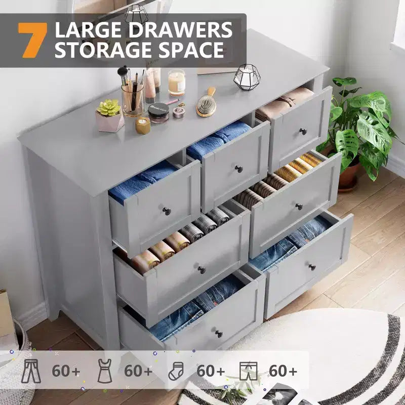 GustoWave 7 Drawer Bedroom Dresser, Modern Chest of Drawers, Wood Storage Double Dresser with Deep Drawers for Living Room, Gray