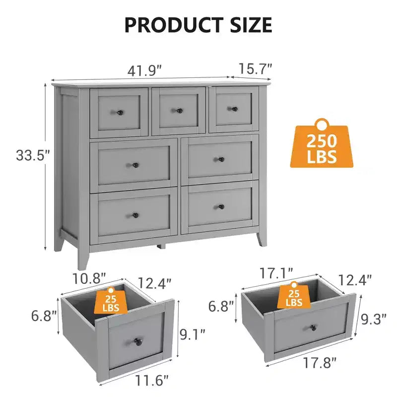GustoWave 7 Drawer Bedroom Dresser, Modern Chest of Drawers, Wood Storage Double Dresser with Deep Drawers for Living Room, Gray