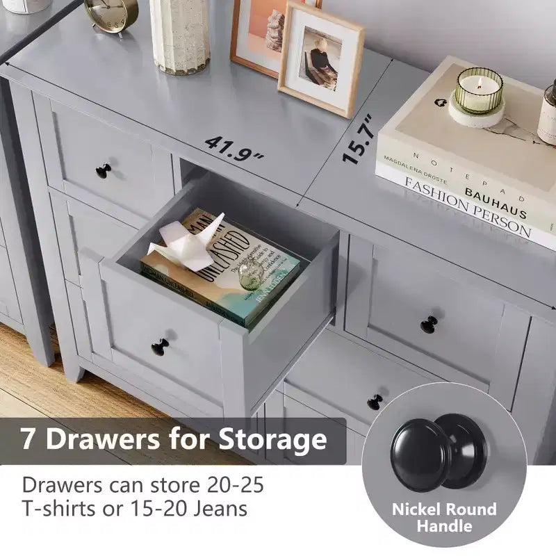 GustoWave 7 Drawer Bedroom Dresser, Modern Chest of Drawers, Wood Storage Double Dresser with Deep Drawers for Living Room, Gray