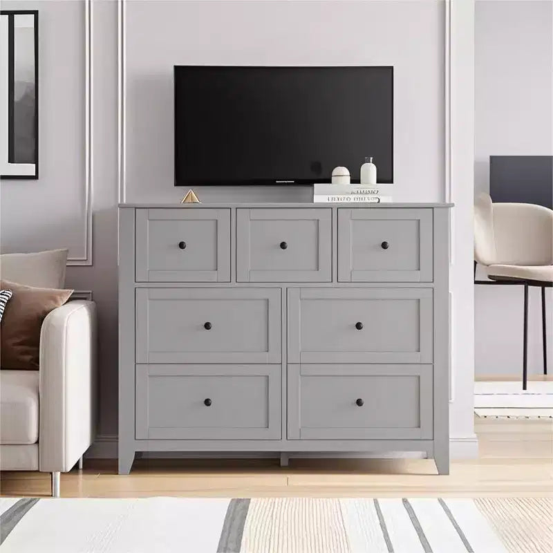 GustoWave 7 Drawer Bedroom Dresser, Modern Chest of Drawers, Wood Storage Double Dresser with Deep Drawers for Living Room, Gray