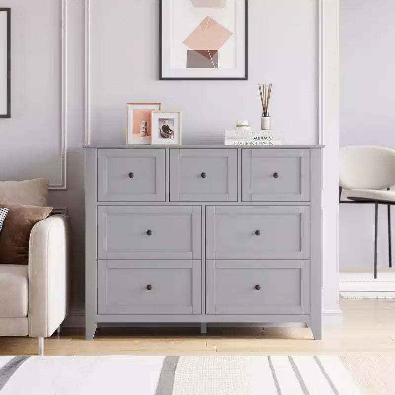 GustoWave 7 Drawer Bedroom Dresser, Modern Chest of Drawers, Wood Storage Double Dresser with Deep Drawers for Living Room, Gray