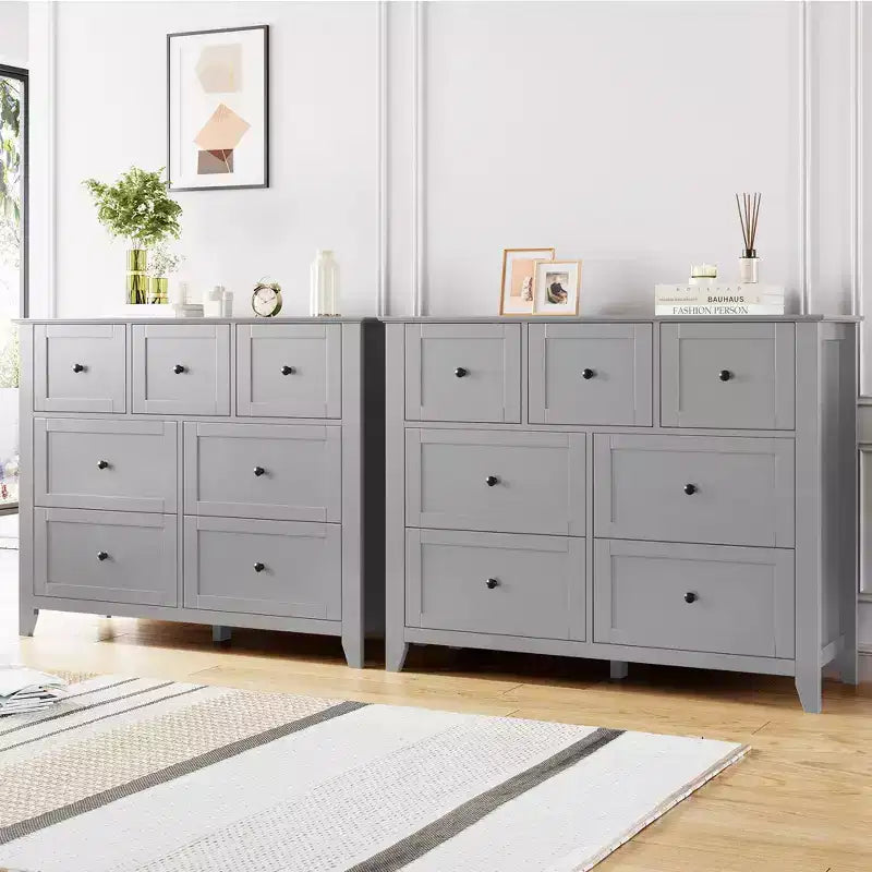 GustoWave 7 Drawer Bedroom Dresser, Modern Chest of Drawers, Wood Storage Double Dresser with Deep Drawers for Living Room, Gray