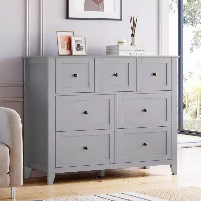 GustoWave 7 Drawer Bedroom Dresser, Modern Chest of Drawers, Wood Storage Double Dresser with Deep Drawers for Living Room, Gray