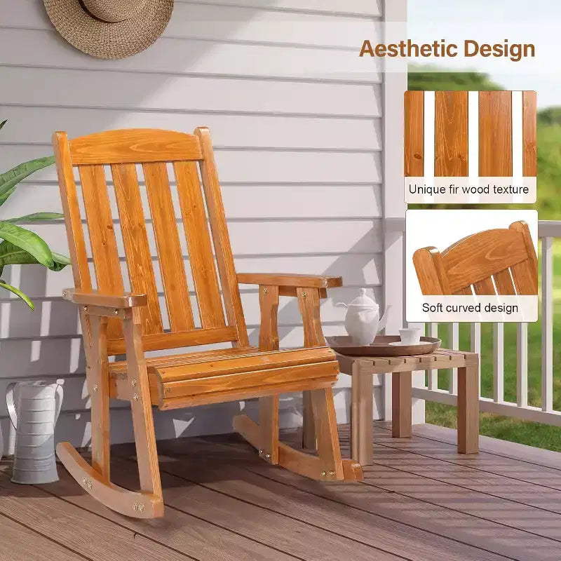VINGLI Heavy Duty 600 LBS Outdoor Wooden Rocking Chair with Higher Backrest,Patio Rocking Chair with Ergonomic Design, Teak