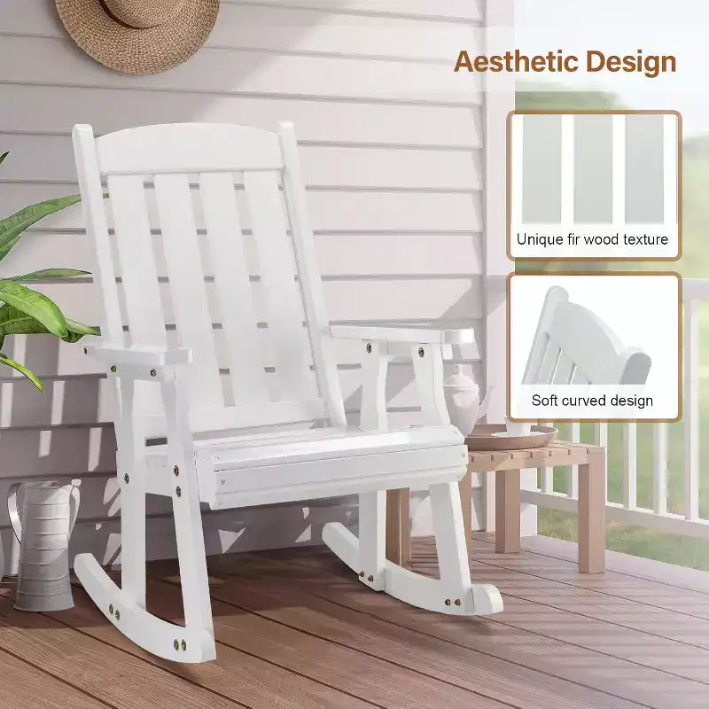 VINGLI Heavy Duty 600 LBS Outdoor Wooden Rocking Chair with Higher Backrest,Patio Rocking Chair with Ergonomic Design, White