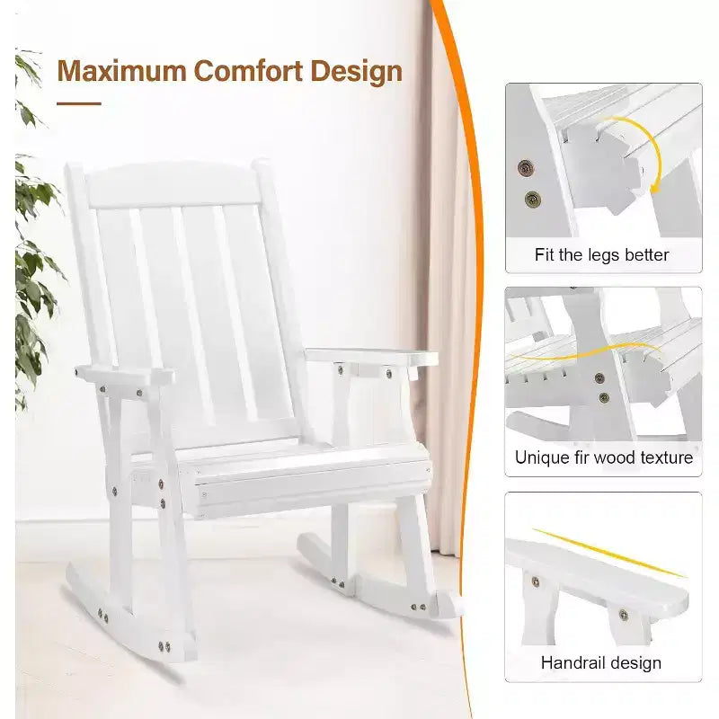 VINGLI Heavy Duty 600 LBS Outdoor Wooden Rocking Chair with Higher Backrest,Patio Rocking Chair with Ergonomic Design, White