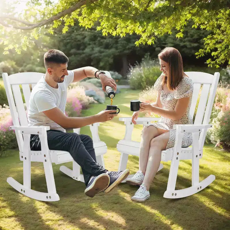 VINGLI Heavy Duty 600 LBS Outdoor Wooden Rocking Chair with Higher Backrest,Patio Rocking Chair with Ergonomic Design, White