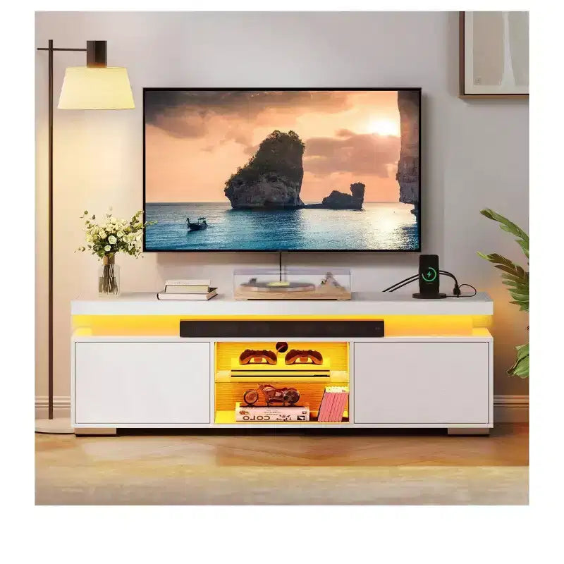 Modern TV Stand With Charging Station & LED Lights For 55/60/65 Inch TV Entertainment Center Media Console Living Room