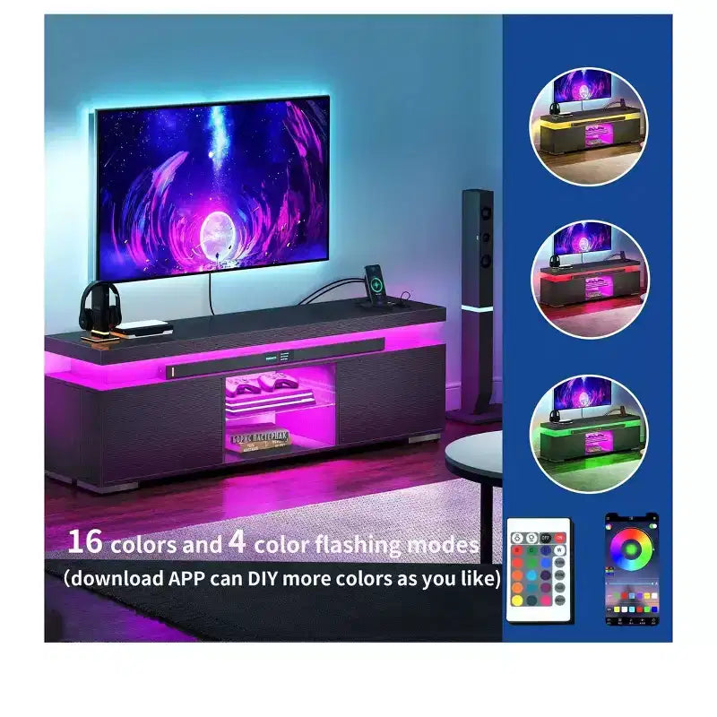 Modern TV Stand With Charging Station & LED Lights For 55/60/65 Inch TV Entertainment Center Media Console Living Room