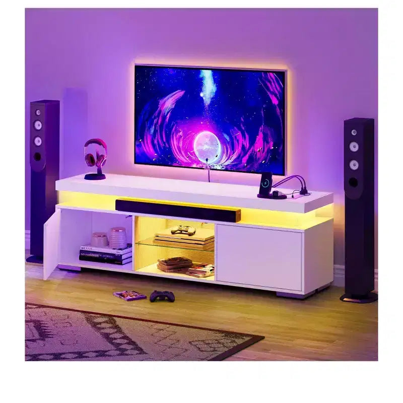 Mobile TV moderno con stazione di ricarica e luci LED per TV da 55/60/65 pollici, mobile multimediale per soggiorno