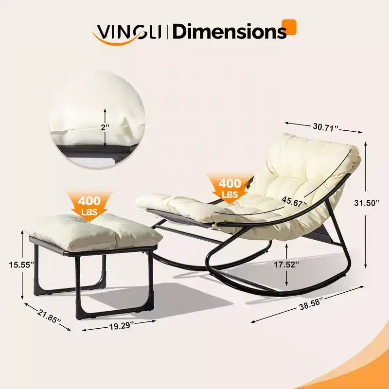 VINGLI Outdoor Rocking Chair with Ottoman, Comfortable Cushioned Lounge Chair for Indoor & Outdoor, Supports 400 LBS, White