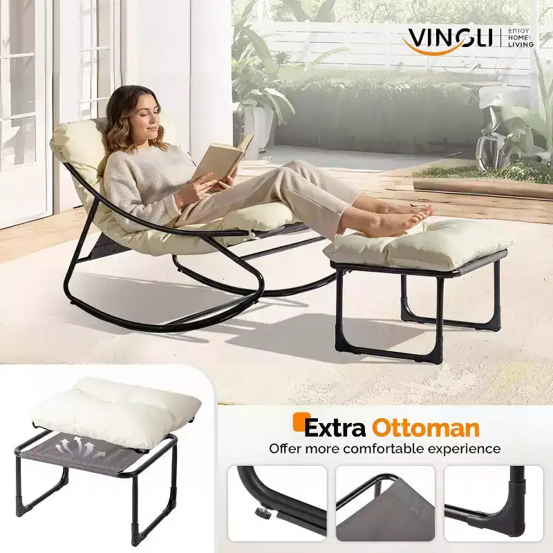 VINGLI Outdoor Rocking Chair with Ottoman, Comfortable Cushioned Lounge Chair for Indoor & Outdoor, Supports 400 LBS, White