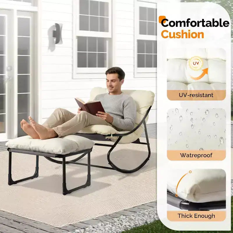 VINGLI Outdoor Rocking Chair with Ottoman, Comfortable Cushioned Lounge Chair for Indoor & Outdoor, Supports 400 LBS, White