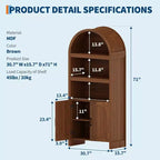 71 Tall Arched Bookcase Cabinet, Mid-Century Modern Wooden Storage Bookshelf with Adjustable Open Shelves, Pantry Display Cabinet