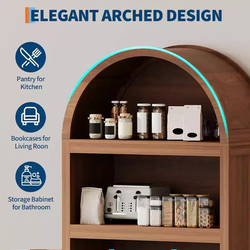 71 Tall Arched Bookcase Cabinet, Mid-Century Modern Wooden Storage Bookshelf with Adjustable Open Shelves, Pantry Display Cabinet